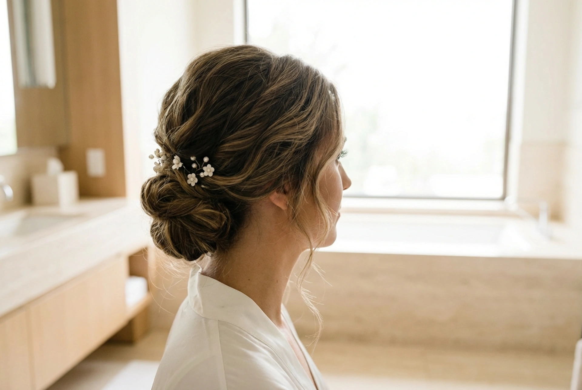 Acconciatura da sposa: raccolti e onde duraturi senza eccesso di lacca