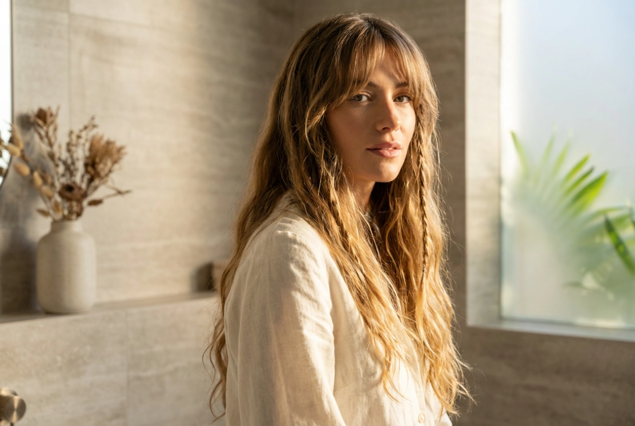 Stile boho: l'acconciatura anni '70, frangia a tendina e onde morbide