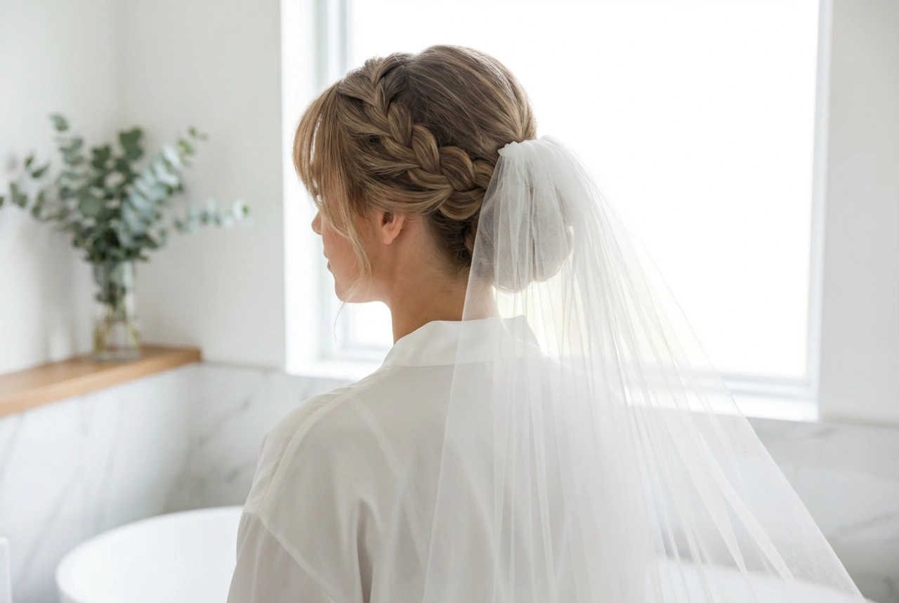 Velo e frangia in duo: acconciatura da sposa con frangia e raccolti