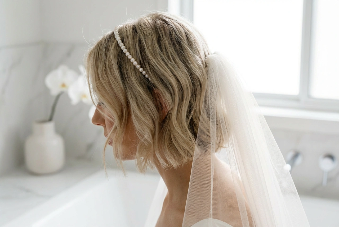 Acconciature da sposa per capelli corti: raccolti eleganti, cerchietti e velo