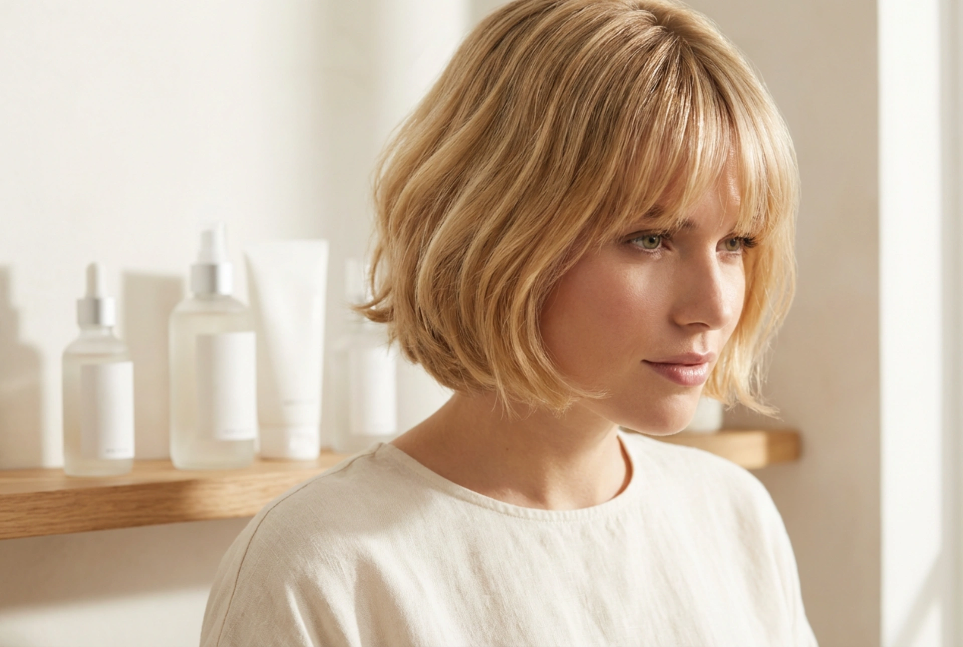Capelli biondi corti con frangia: protezione del colore e volume