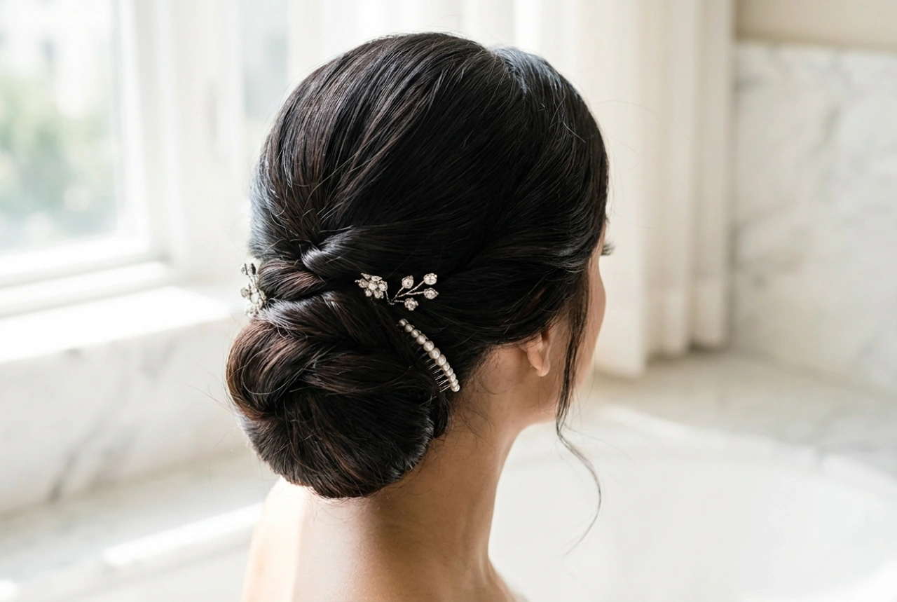 Acconciatura da sposa: raccolto duraturo, controllo dei baby hair e accessori