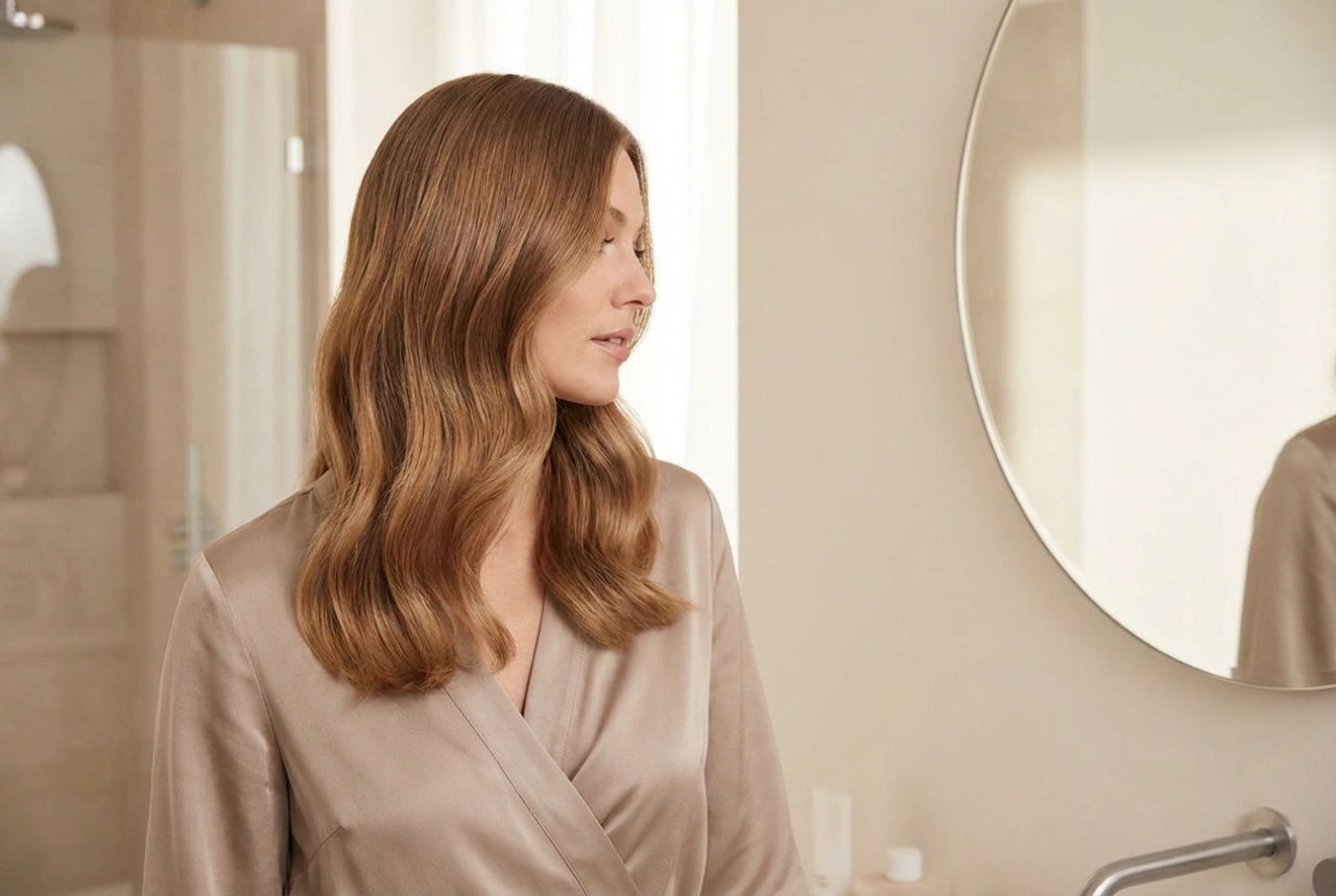 Onde per un matrimonio su capelli di media lunghezza: durata e finitura liscia