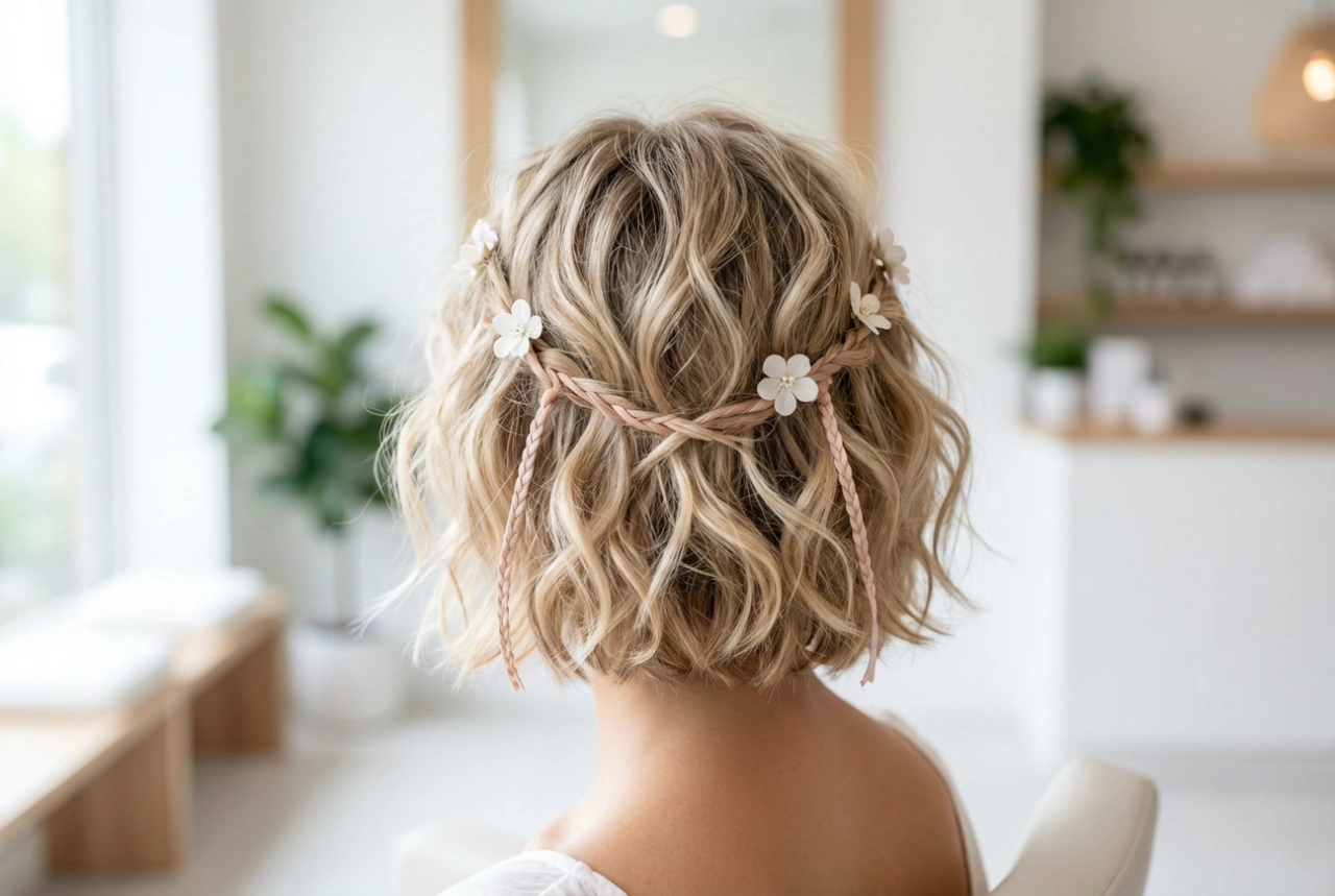 Acconciatura boho per capelli corti: texture morbida, onde e accessori