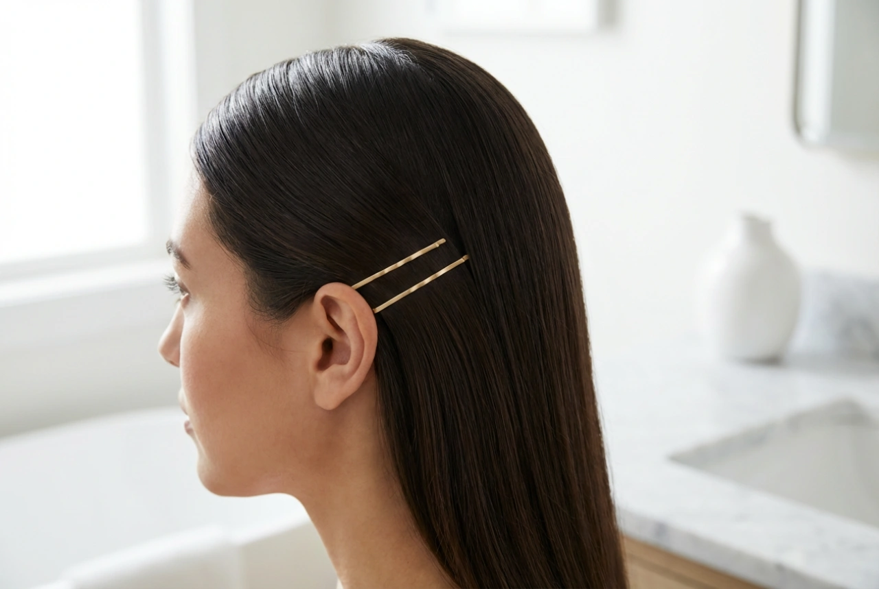 Acconciatura femminile dietro l'orecchio: uno styling elegante con forcine e gel