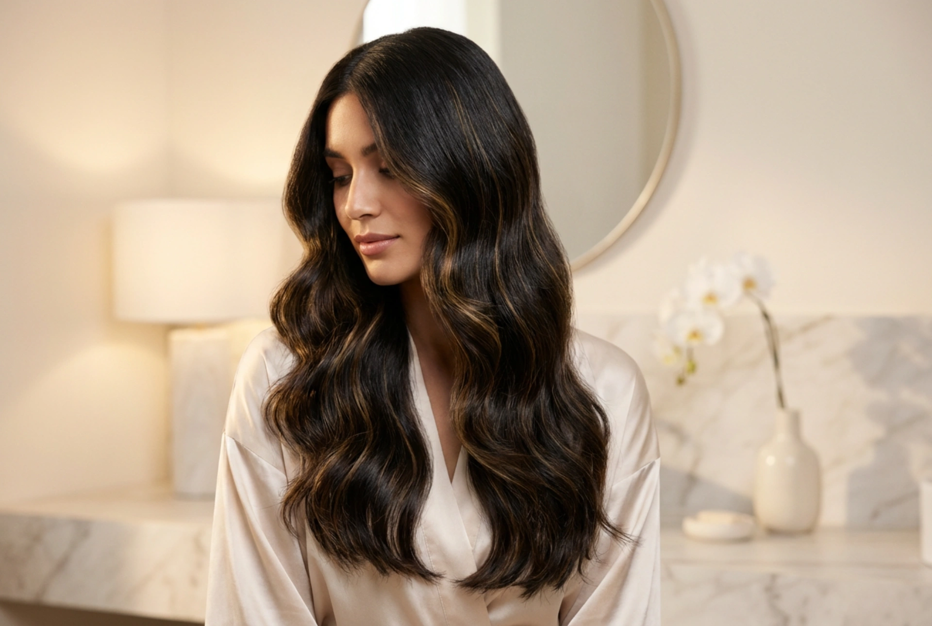 Brillantezza e tenuta: acconciatura di Capodanno per capelli lunghi con effetto glamour