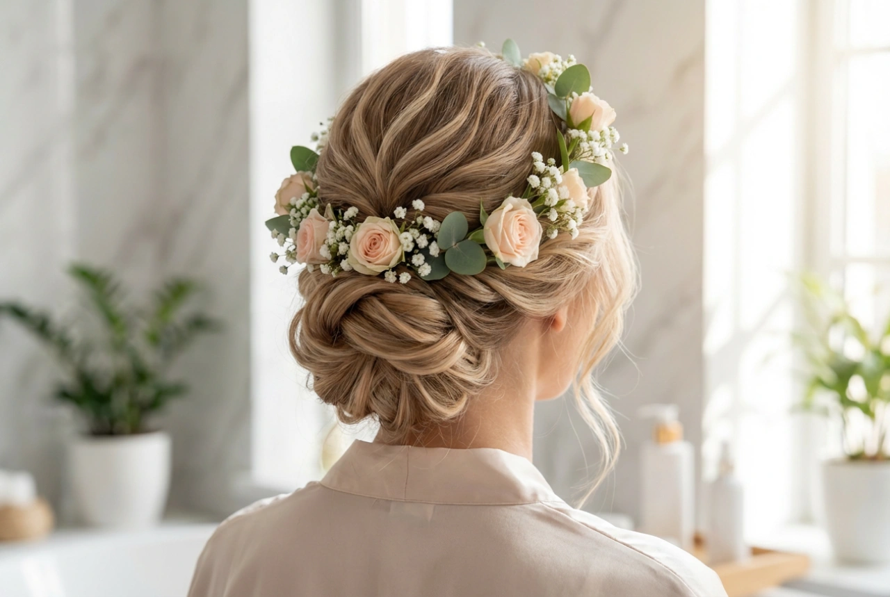 Acconciatura da sposa con coroncina: raccolti leggeri e onde durature