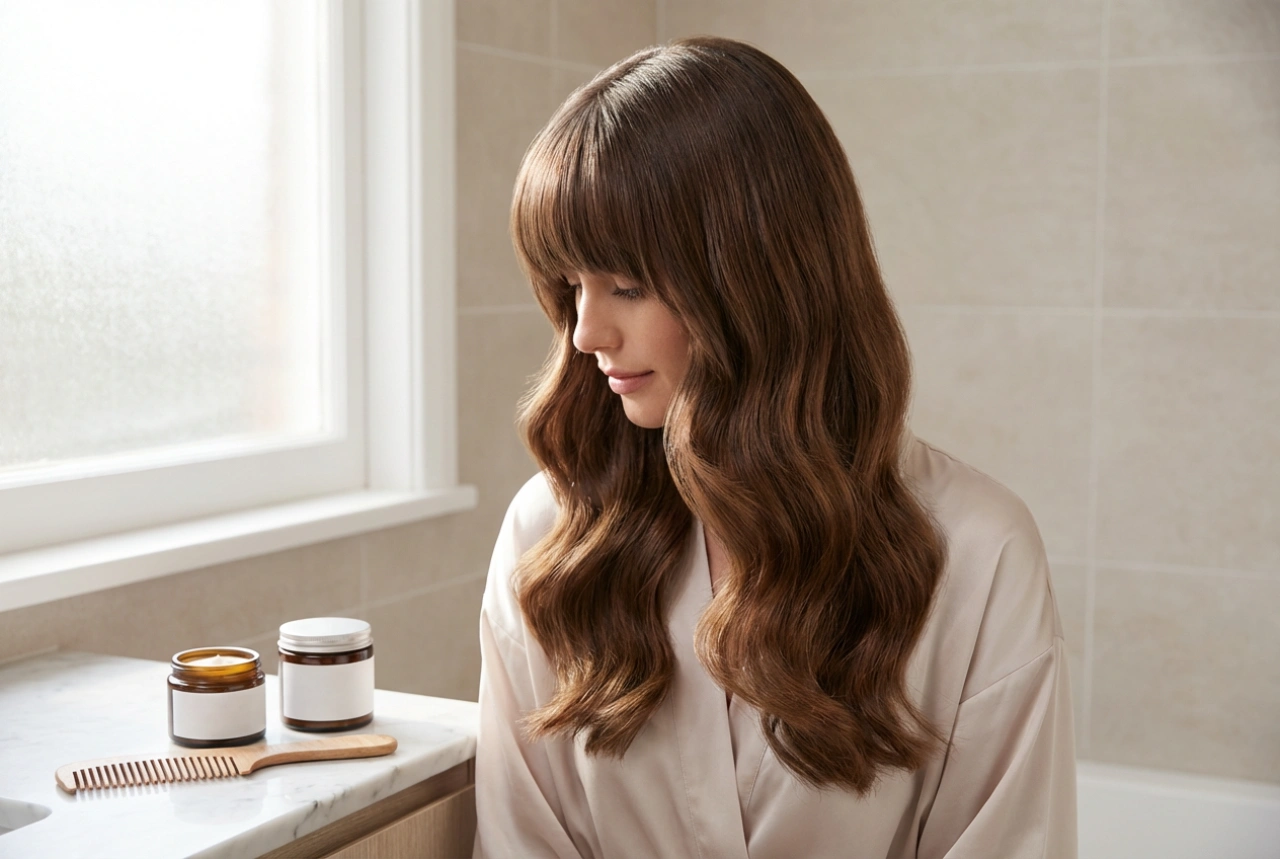 Capelli lunghi con frangia: onde, styling liscio e fissaggio