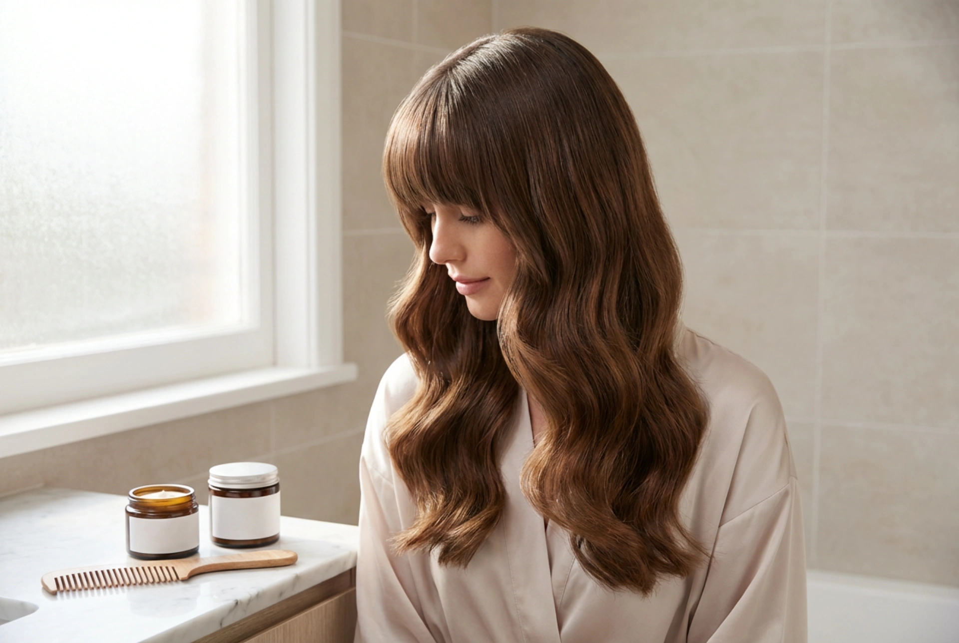 Capelli lunghi con frangia: onde, styling liscio e fissaggio