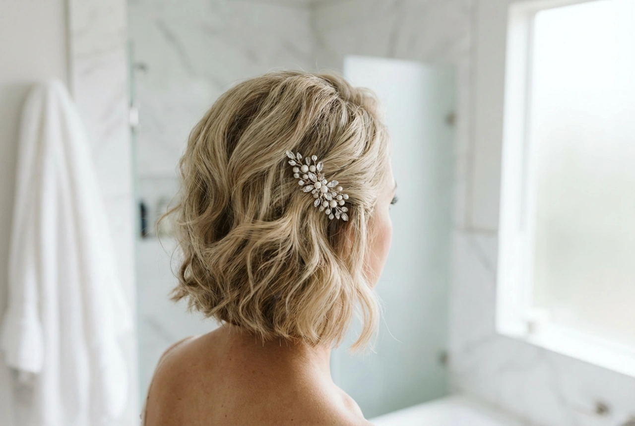 Acconciatura da sposa per capelli corti: volume, accessori e durata
