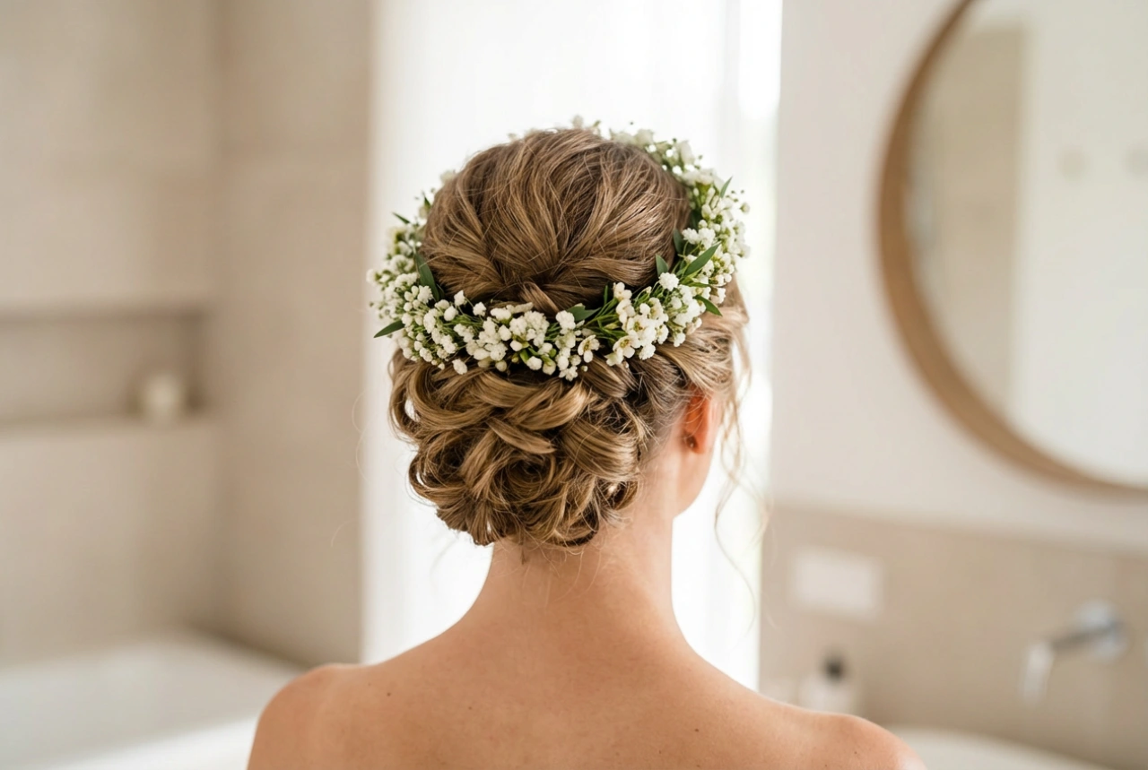 Acconciatura da sposa con coroncina di fiori: preparazione dei capelli e fissaggio stabile