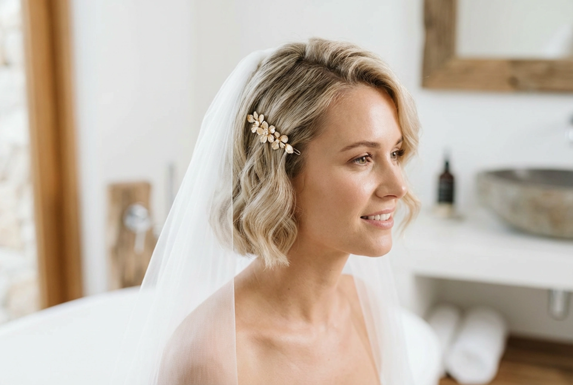 Capelli corti e acconciature da sposa: onde delicate, fermagli e velo