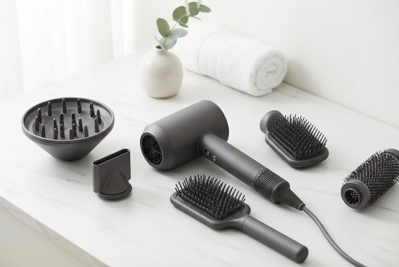 Asciugacapelli con accessori intercambiabili: diffusore, concentratore e spazzole nella pratica