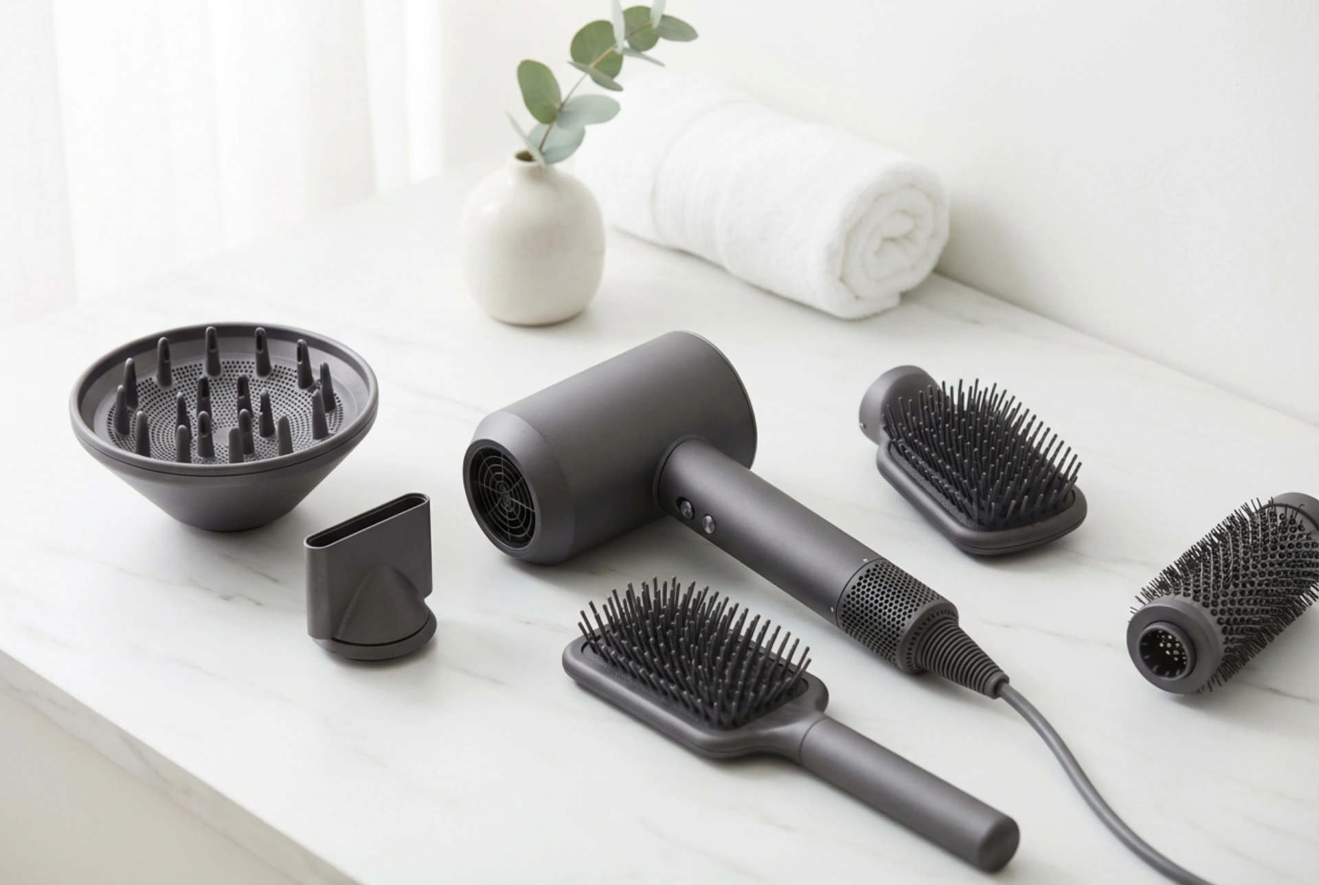 Asciugacapelli con accessori intercambiabili: diffusore, concentratore e spazzole nella pratica
