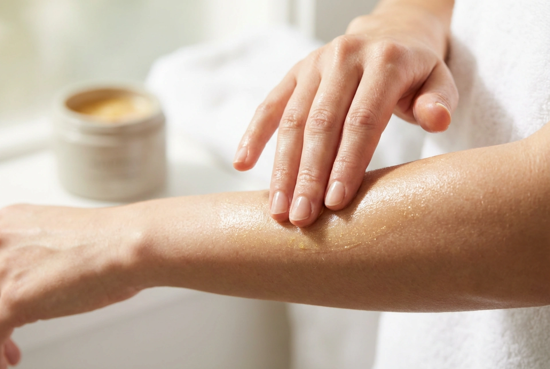 Particelle d'oro nella cura della pelle: balsamo corpo con particelle d'oro e applicazione uniforme