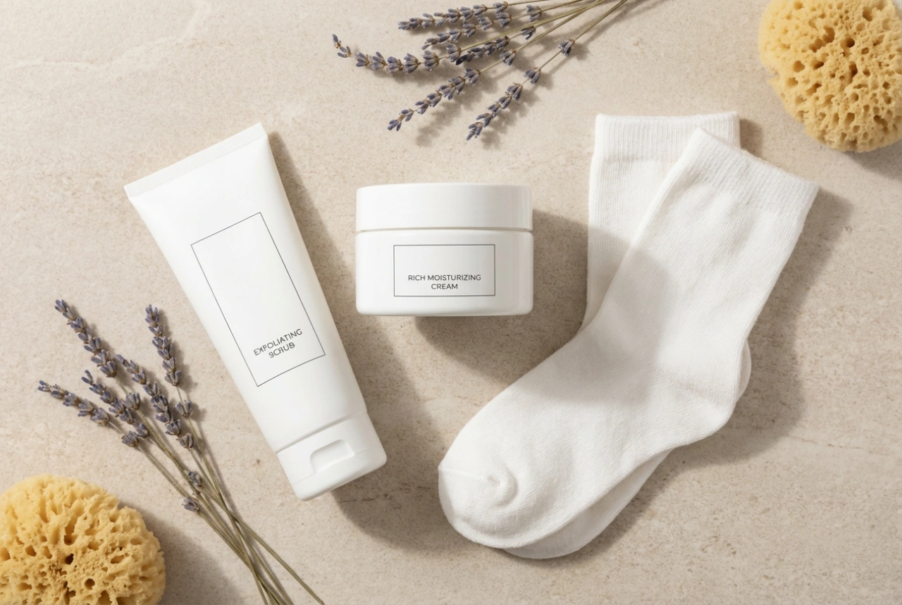 Routine quotidiana per talloni screpolati: scrub, crema e calzini