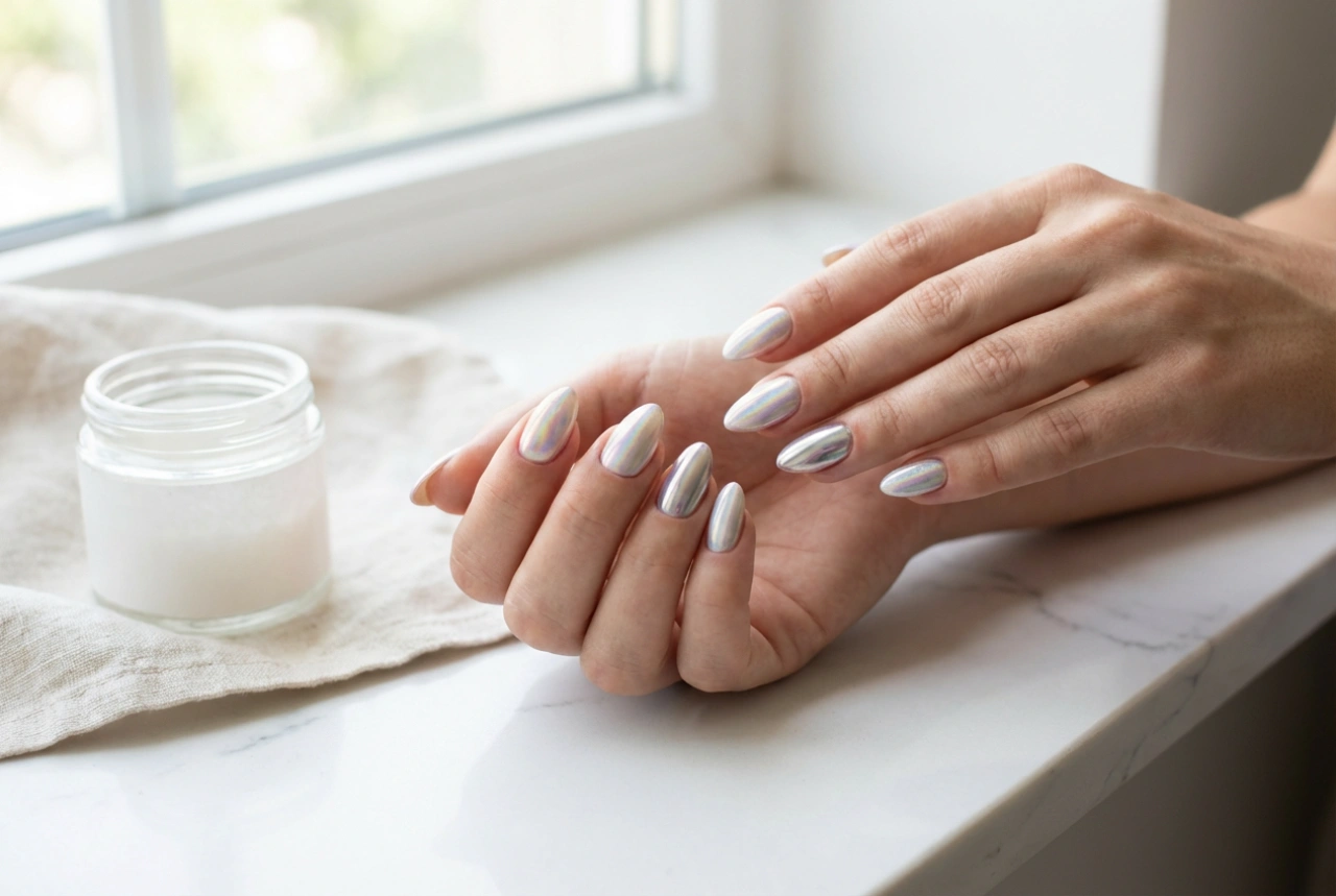Manicure semipermanente con polverine: effetto specchio, sirena e olografico senza striature