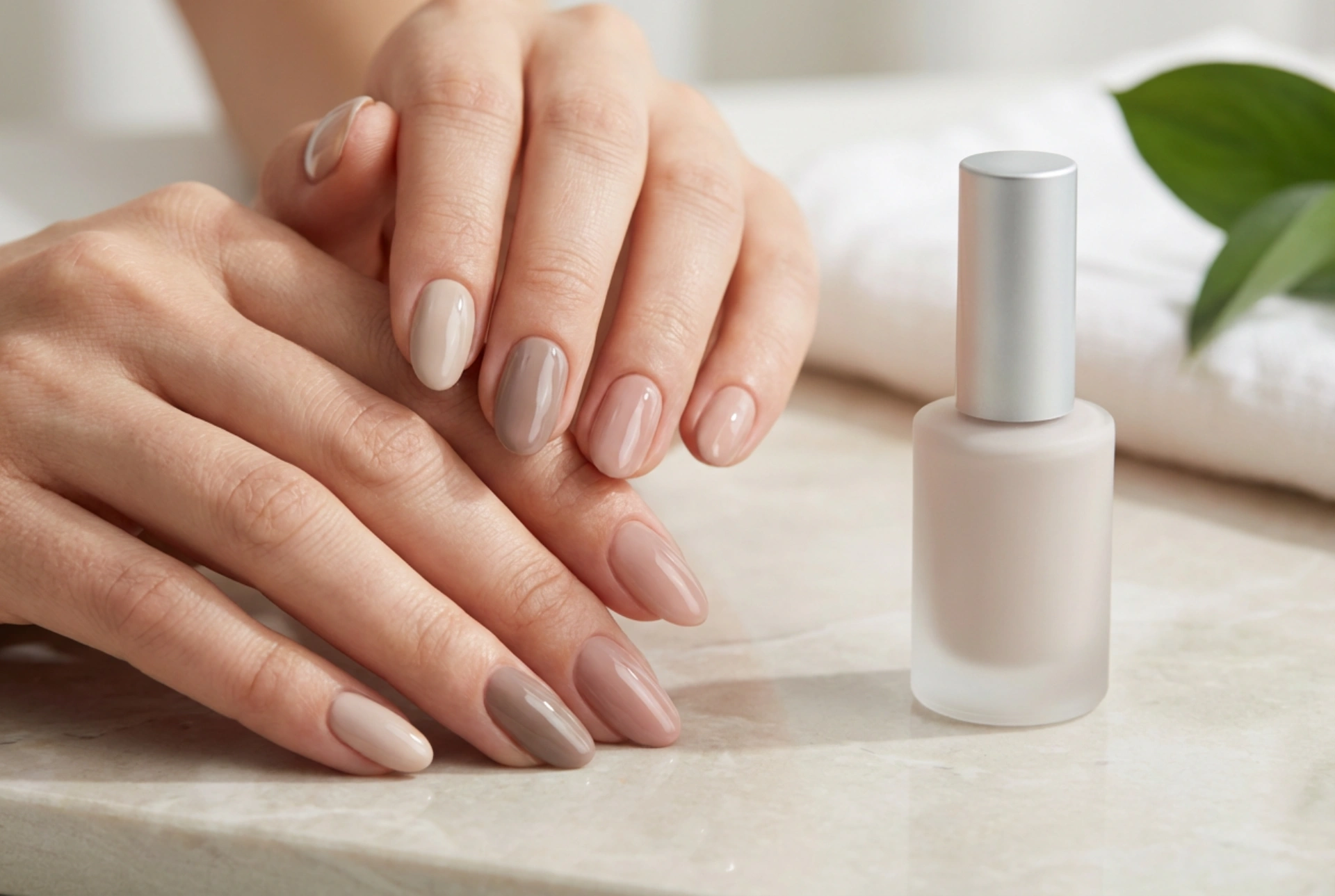 Smalto semipermanente naturale: tonalità nude, strato sottile e finish luminoso