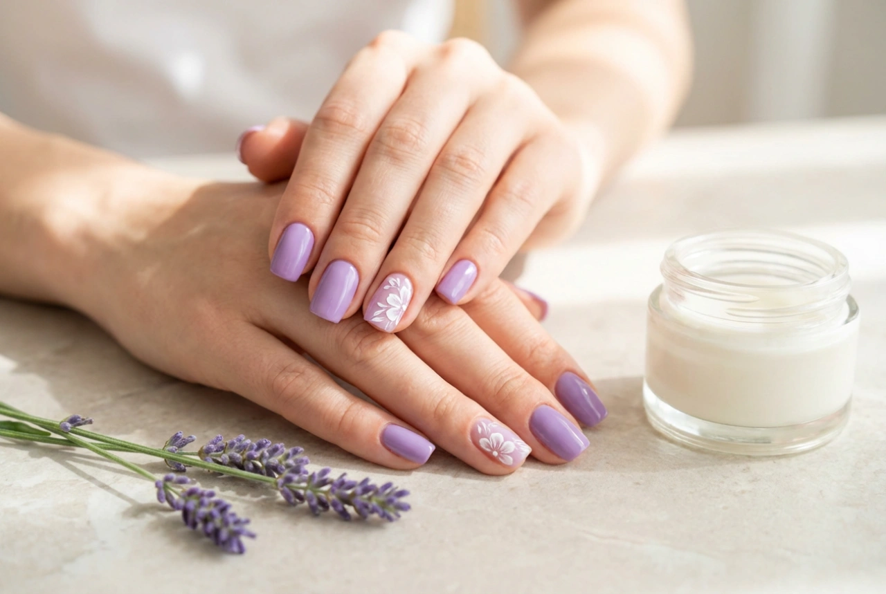 Unghie color lavanda: come ottenere un colore uniforme e aggiungere una decorazione delicata
