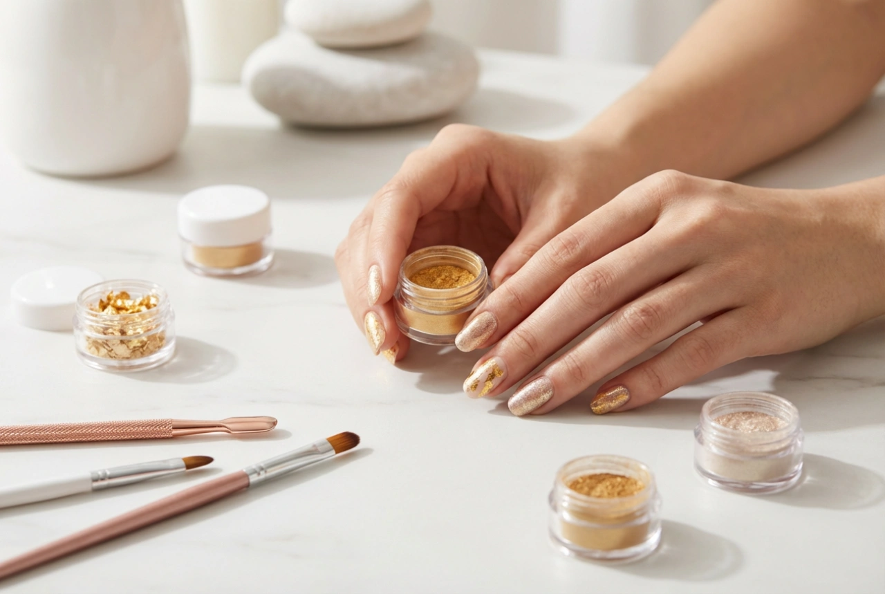 Unghie con decorazioni dorate: foil, polveri e accenti veloci