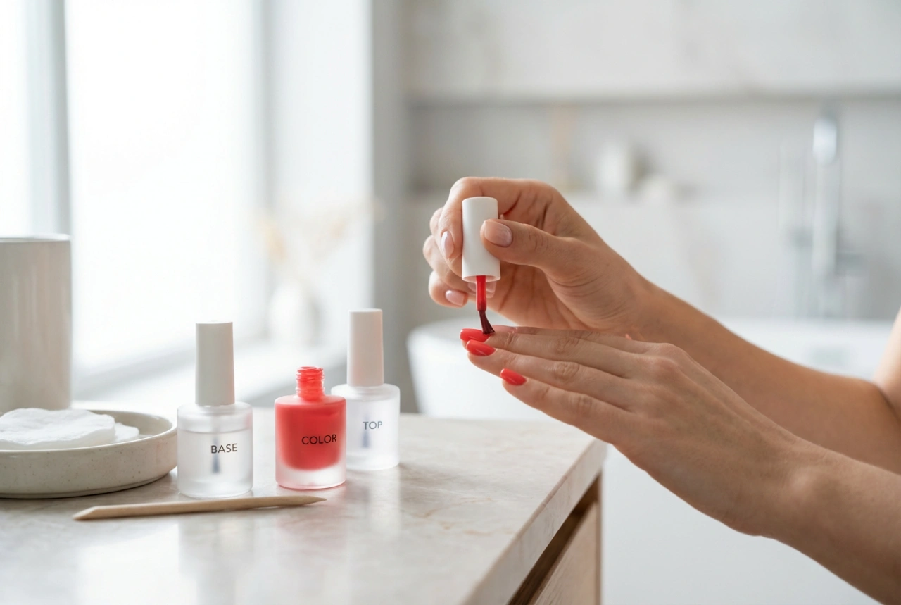 Manicure semipermanente passo dopo passo: preparazione, base, colore, top coat