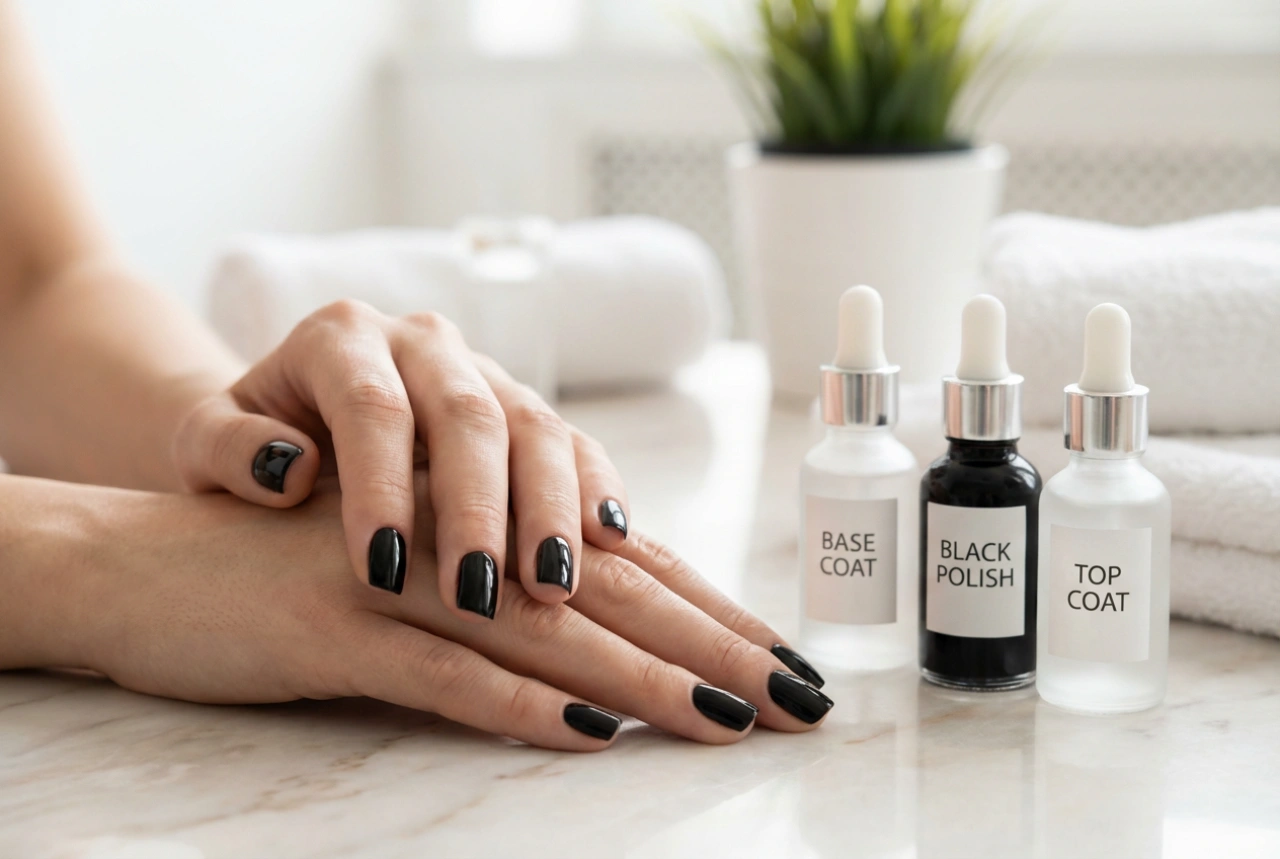 Unghie nere senza striature: base, strati sottili e top coat