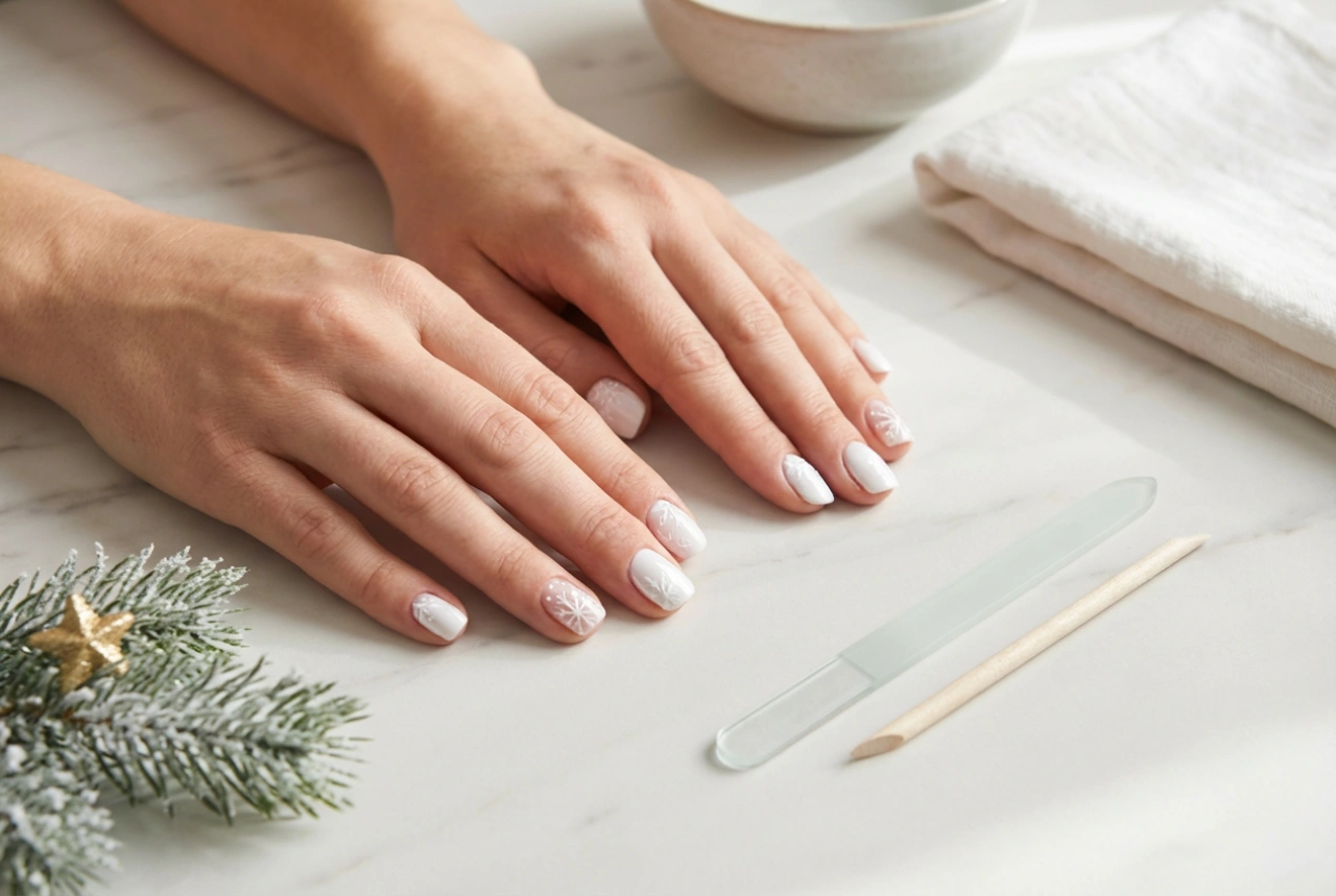 Unghie bianche natalizie: motivi semplici, strumenti e durata