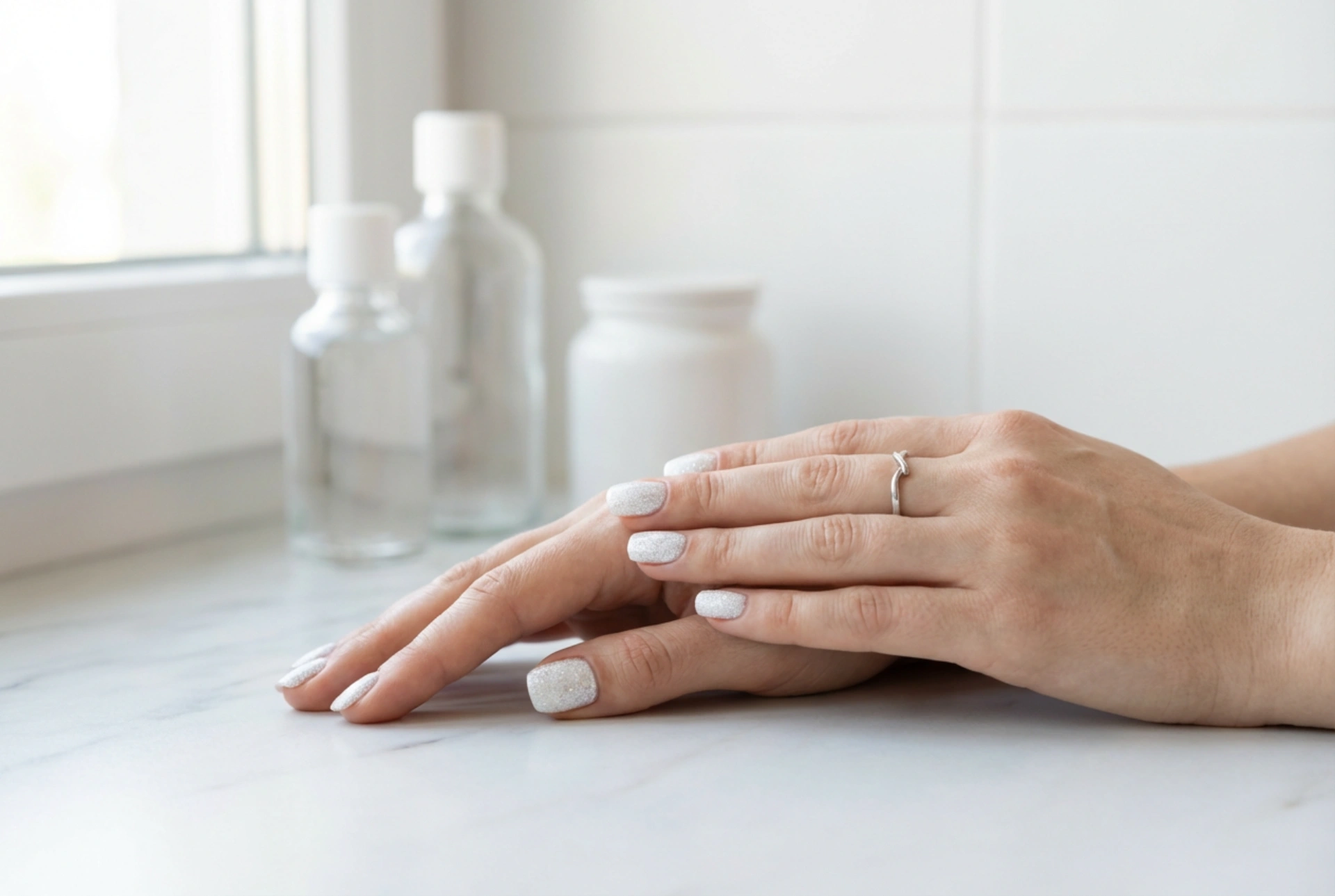 Unghie bianche glitterate senza trasparenze: base, applicazione, top coat