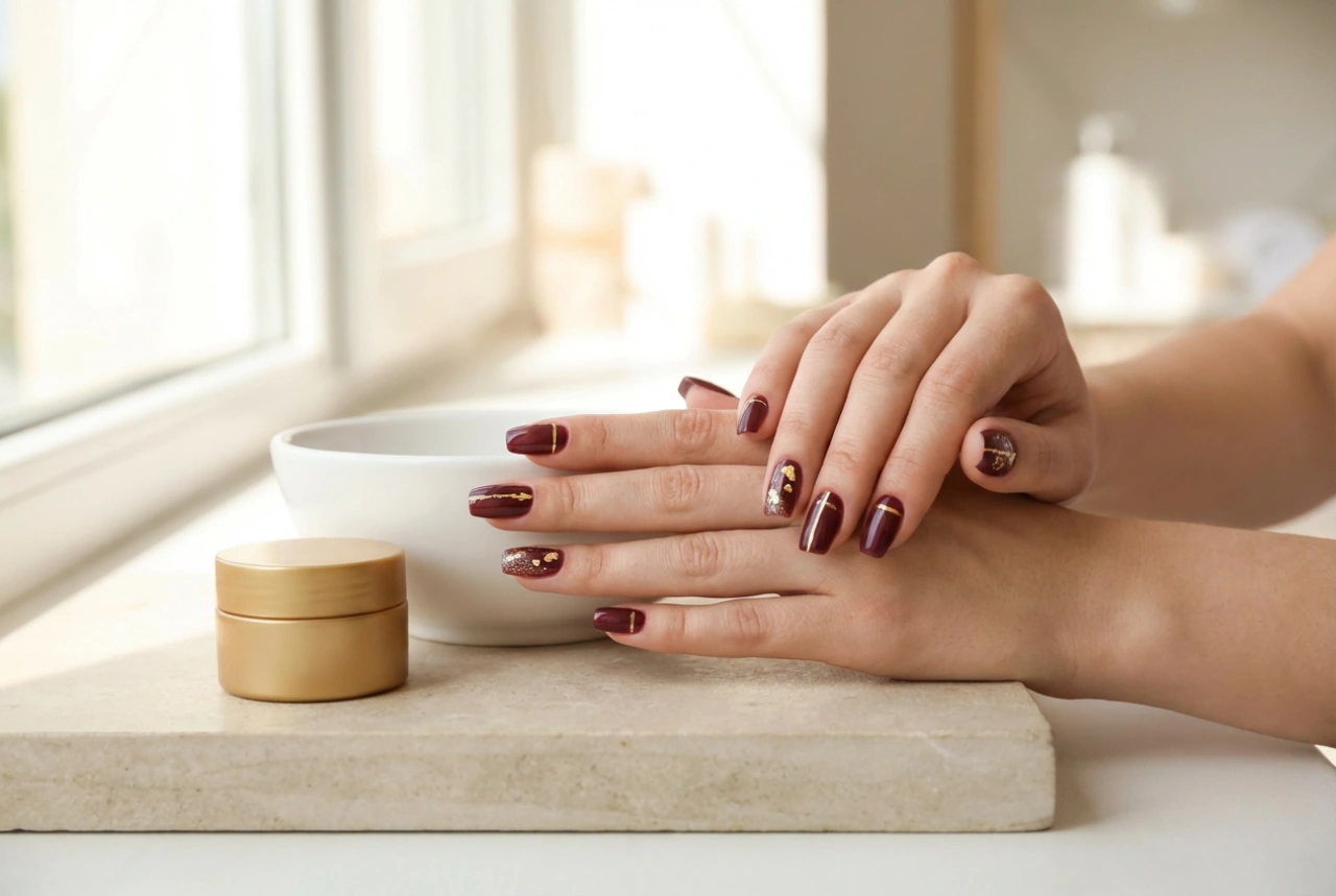 Unghie Bordeaux e Oro: Ispirazioni con Linee Sottili, Lamina e Polveri