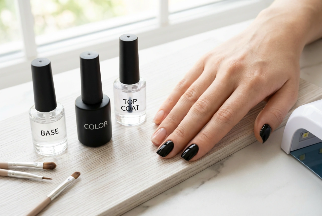 Unghie nere semipermanenti passo dopo passo: base, colore, top coat