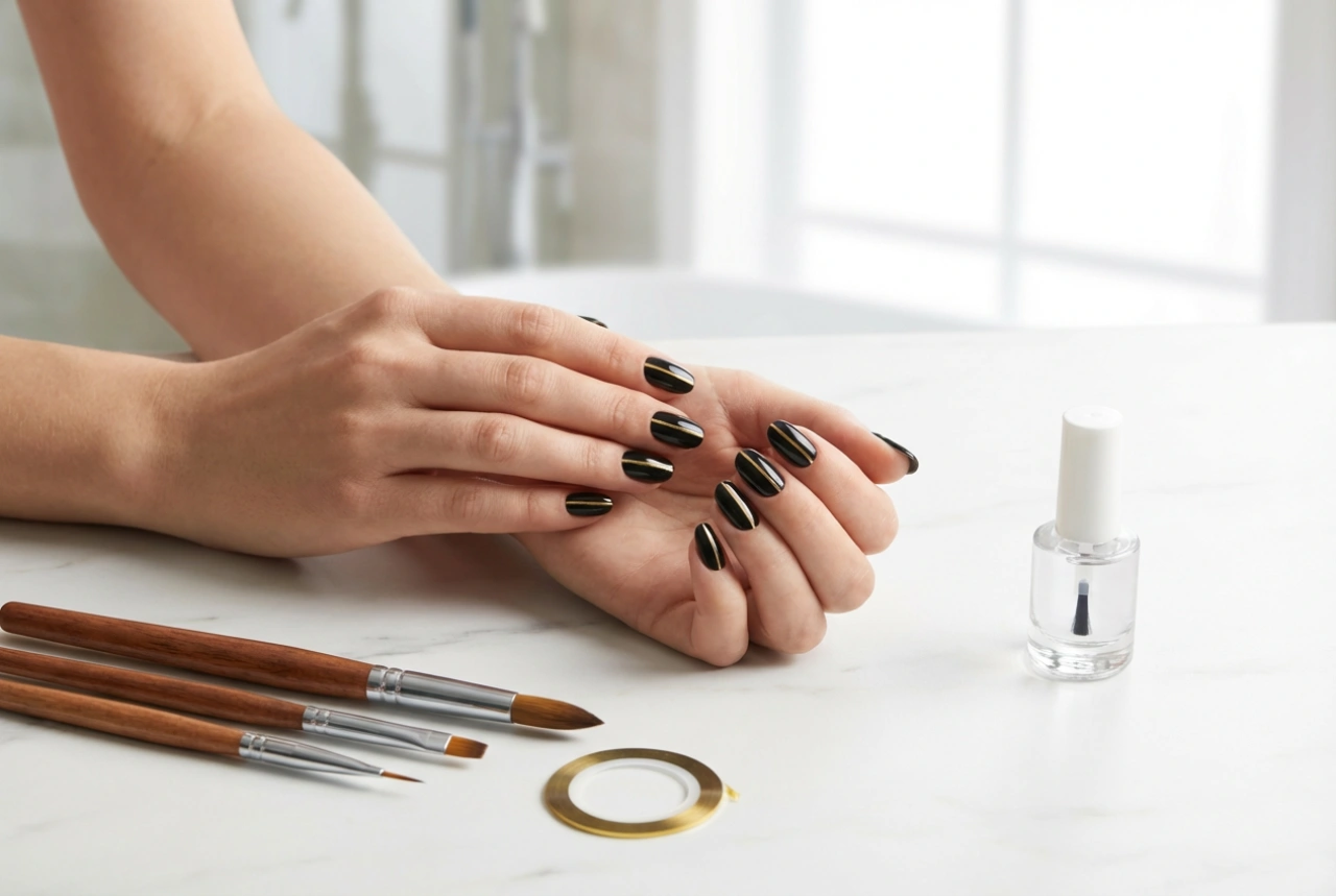 Striscia dorata su unghie nere: nastri, pennelli e top coat