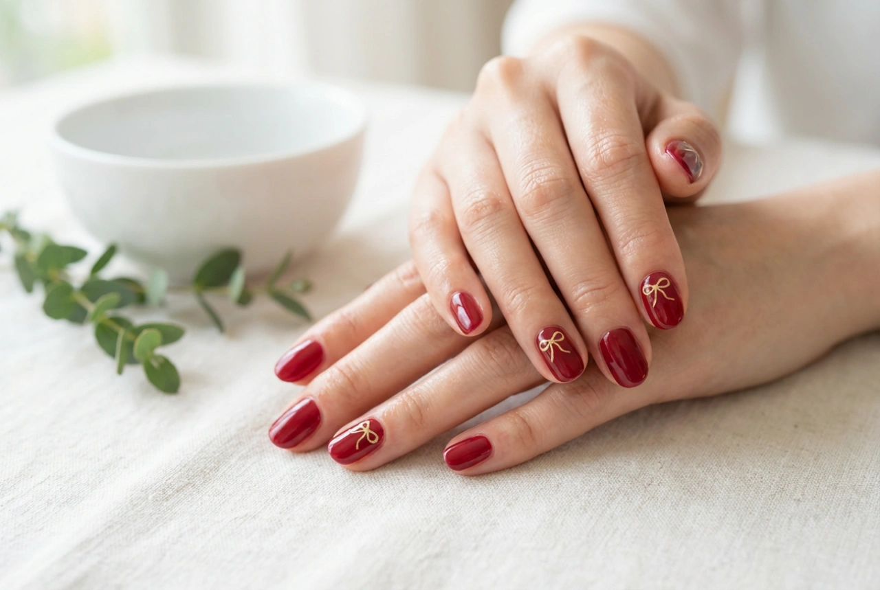 Unghie rosse con fiocco: linee sottili, adesivi e stamping