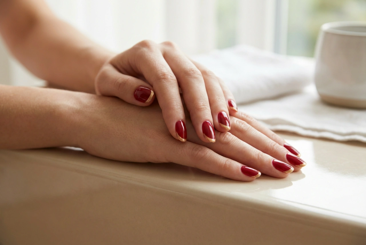 French manicure dorata su unghie rosse: la linea del sorriso perfetta