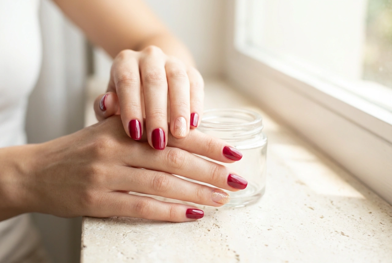 Decorazioni dorate su unghie rosse: proporzioni e finiture