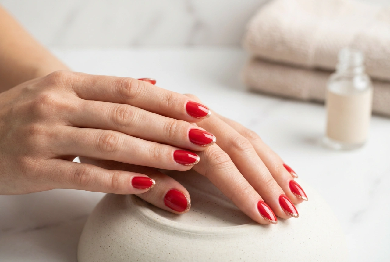 French rosso con glitter: linea del sorriso uniforme e brillantezza