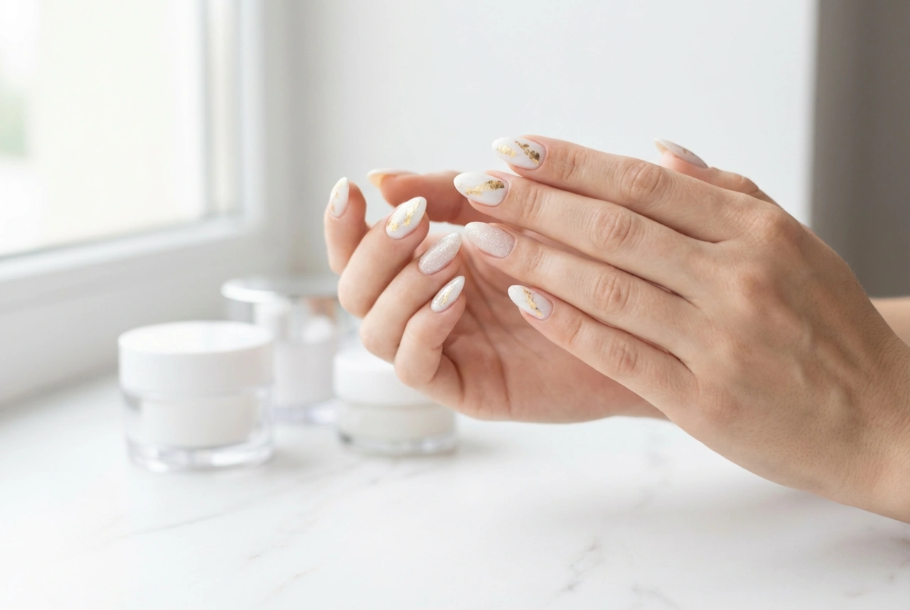 Unghie bianco e oro: una manicure elegante con lamina e glitter
