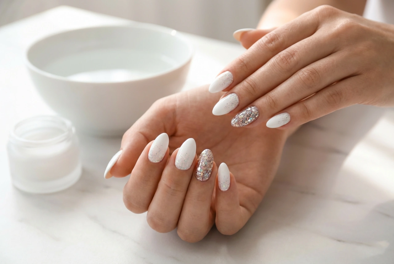 Unghie bianche con glitter: da accenti sottili a copertura totale