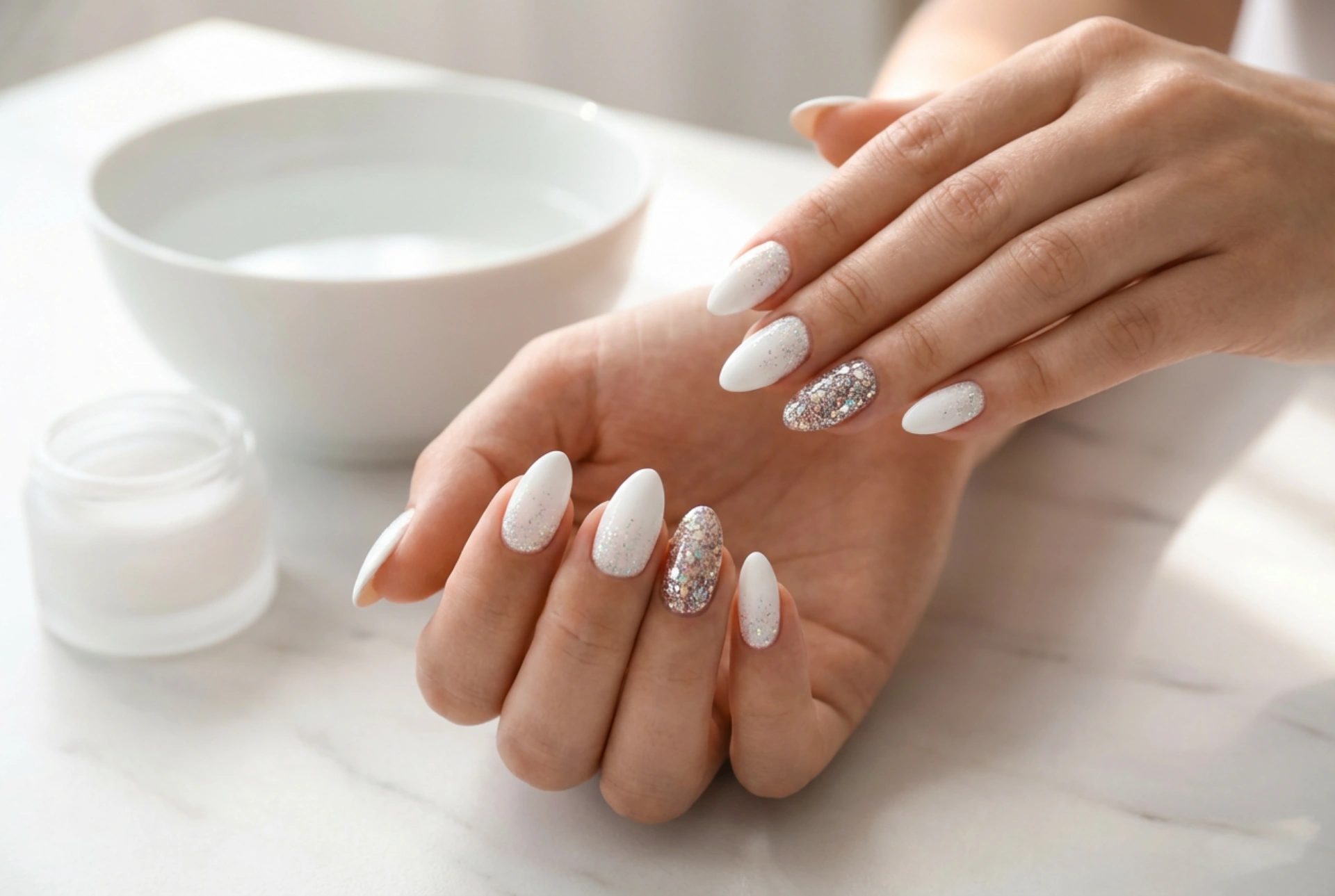 Unghie bianche con glitter: da accenti sottili a copertura totale