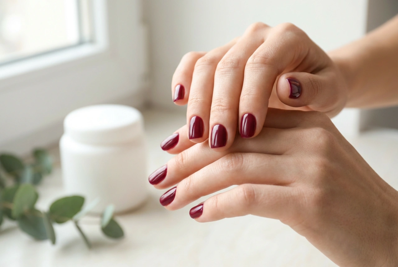 Unghie bordeaux: manicure corte che snelliscono la mano