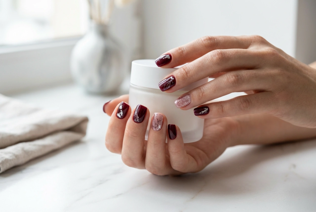 Unghie bordeaux con argento: accenti metallici, foil e glitter