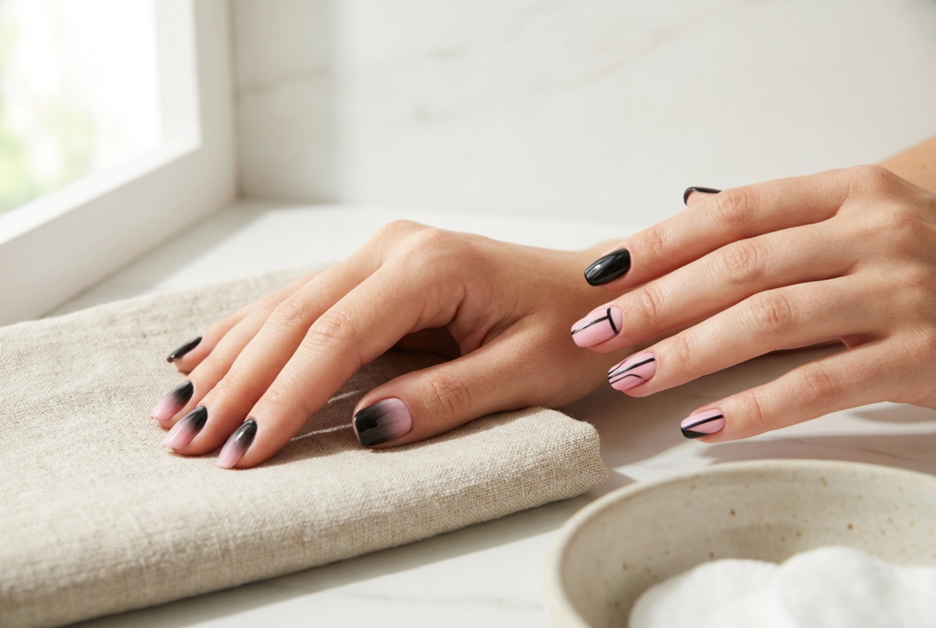 Unghie nere e rosa: duetti a contrasto, linee e ombre