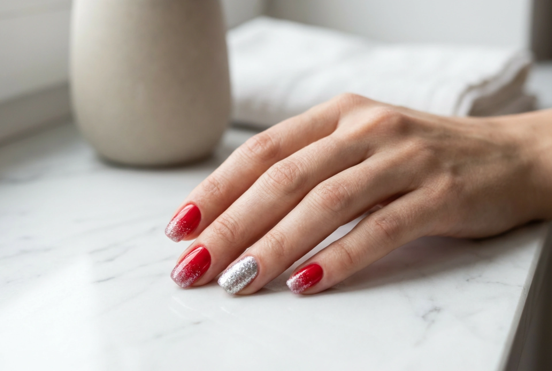 Unghie rosse con glitter argento: sfumatura uniforme e accento