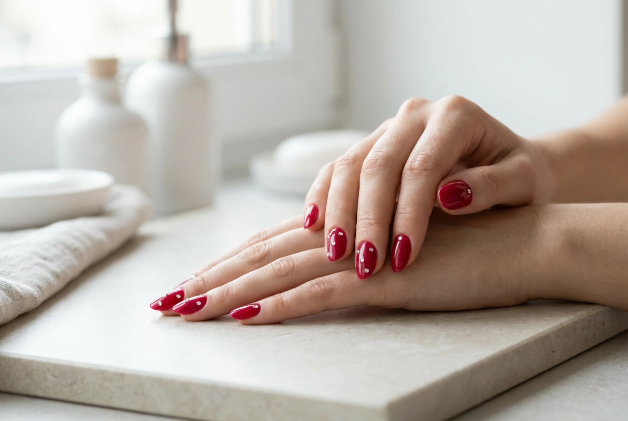 Unghie rosse con strass: applicazione delle decorazioni, composizioni e durata