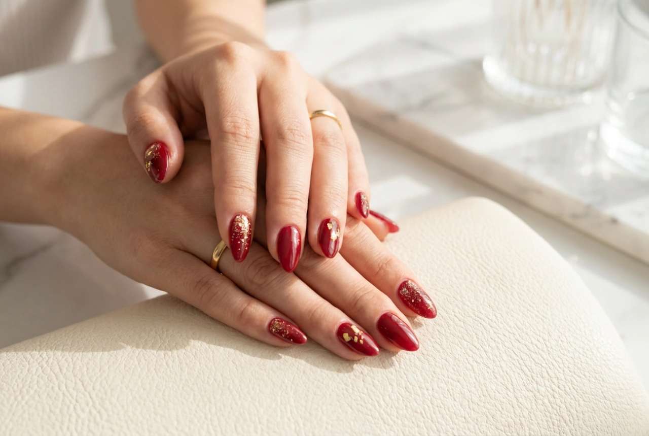 Unghie rosse e oro: glitter, foil e decorazioni passo dopo passo