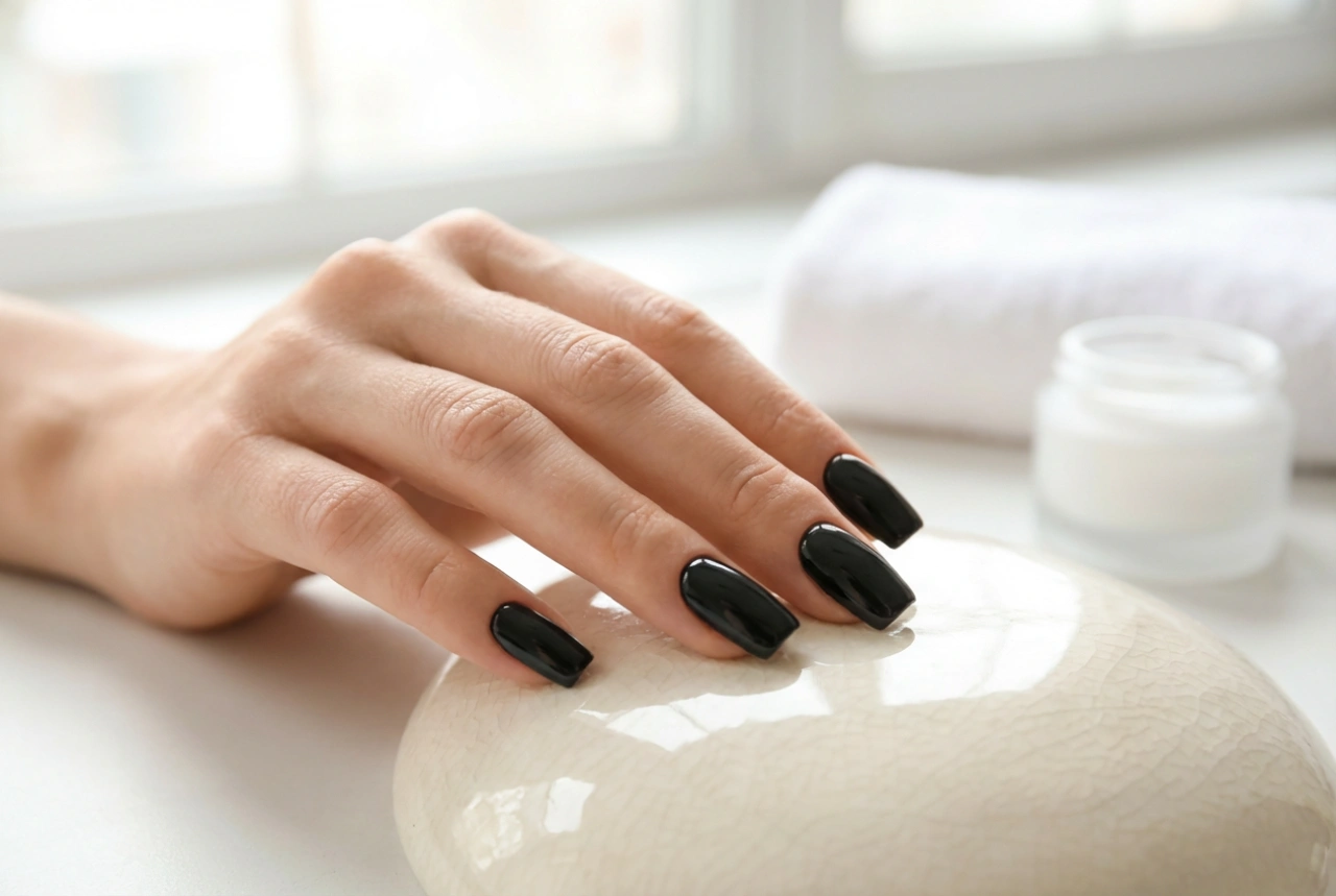 Unghie quadrate nere: bordi precisi, copertura e top coat