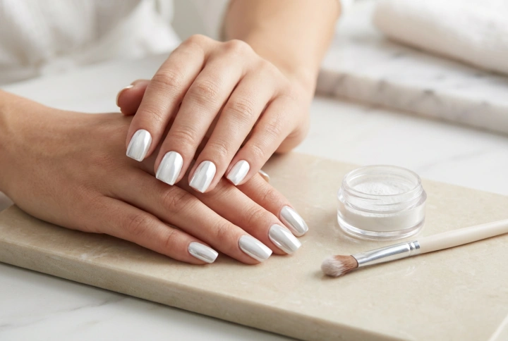 Unghie specchio bianche: applicazione della polvere, base colorata e sigillatura