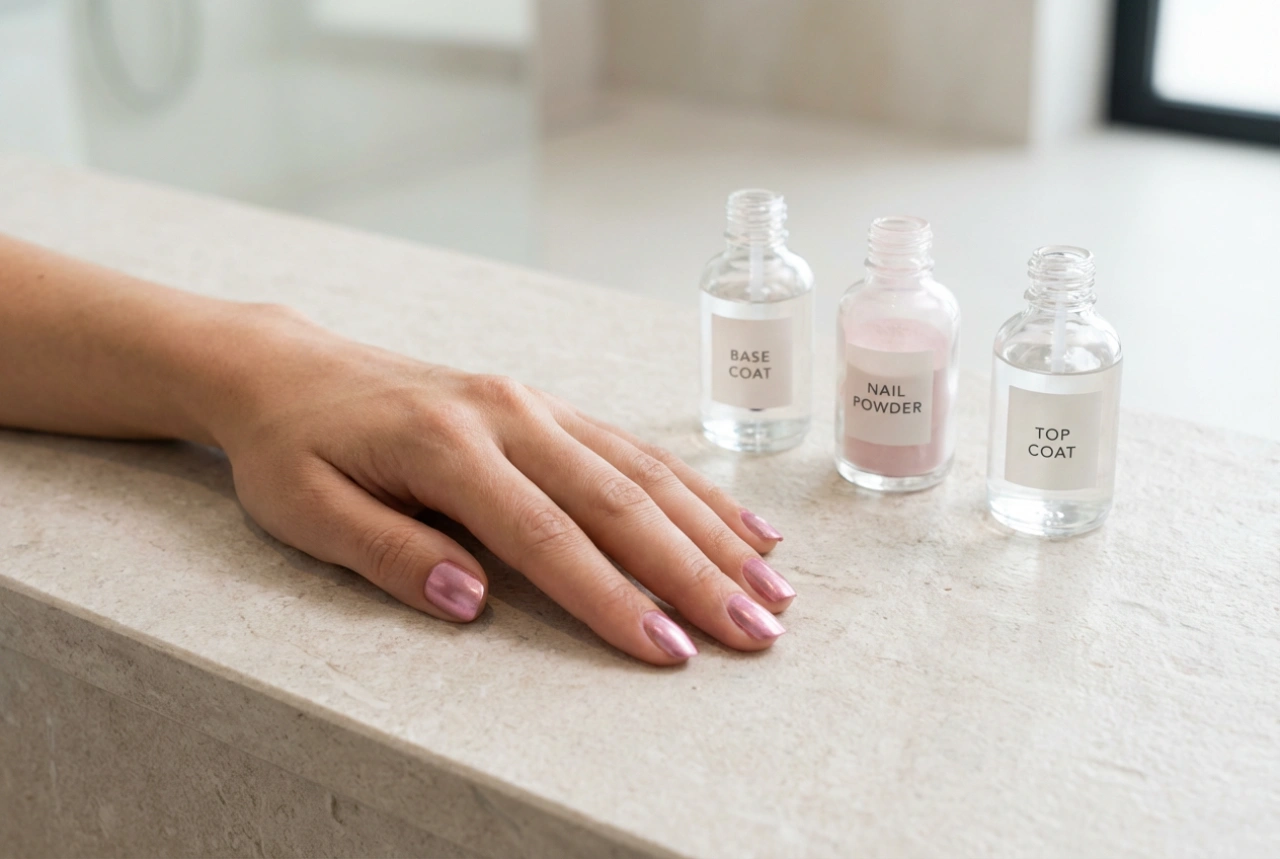 Unghie rosa metallizzato passo dopo passo: basi, polveri e top coat