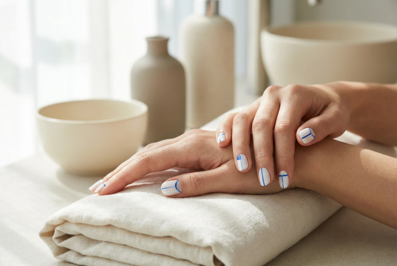 Unghie blu e bianche: decorazioni semplici e linee pulite