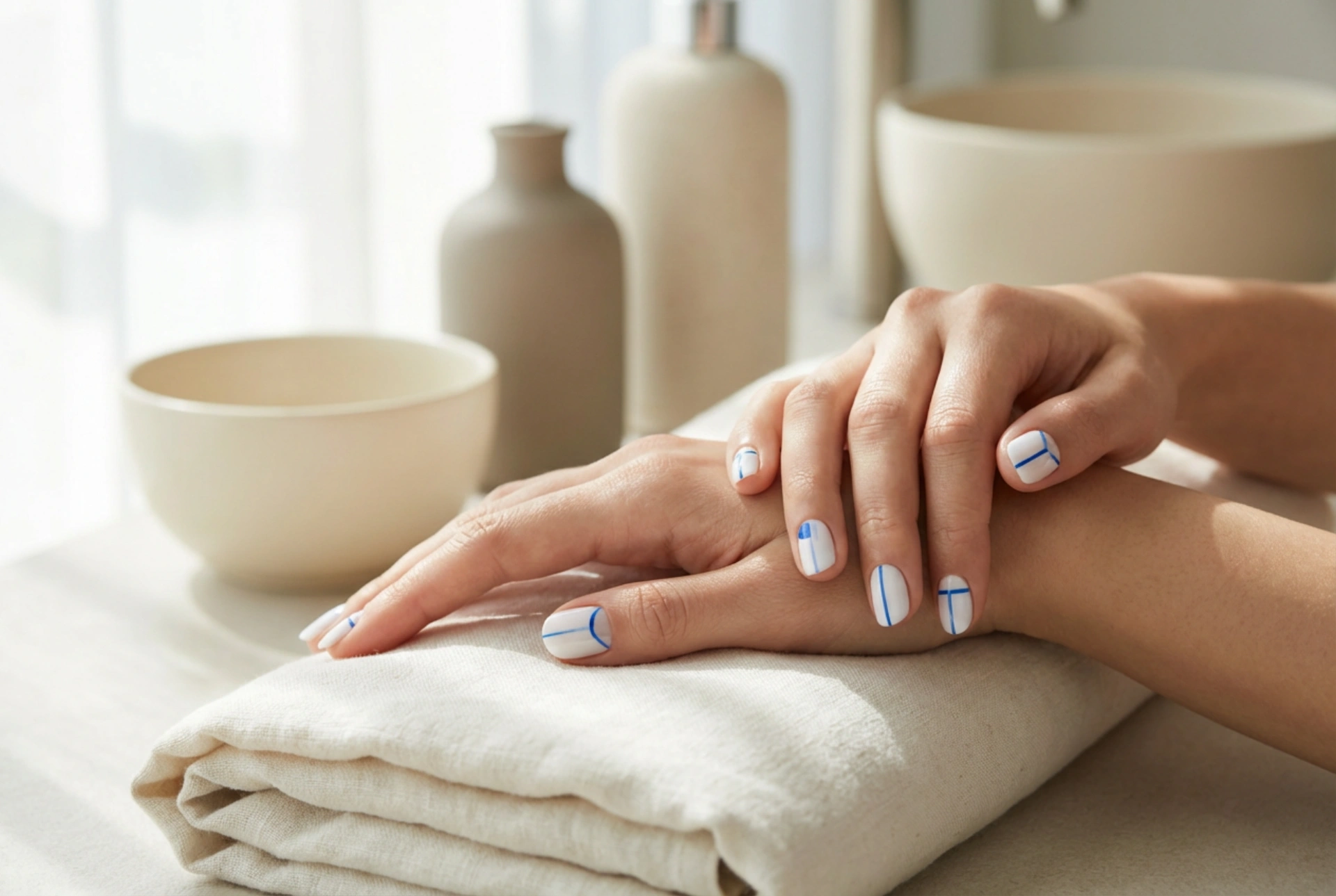 Unghie blu e bianche: decorazioni semplici e linee pulite