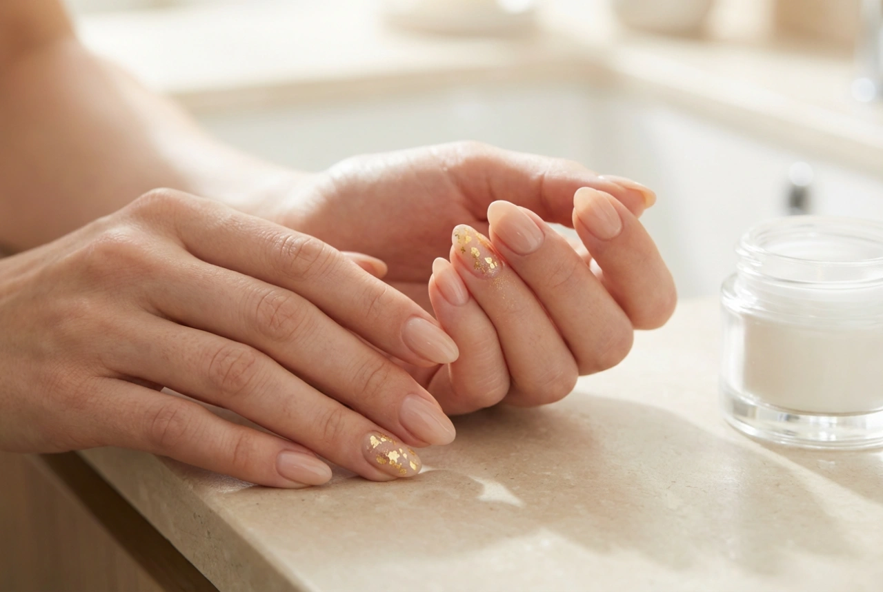 Unghie Nude con Oro: Accenti Eleganti, Foglie e Polveri